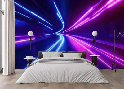 Vibrant neon lights create a mesmerizing tunnel effect, embodying motion and energy with vivid blue and pink colors. Wall mural