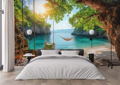 From a high-angle view on a sunny day, vibrant and colorful sun landscape illuminates luxury holiday island, with a swing or hammock hanging on an amazing tree pole over calm sea bay, creating a perf Wall mural