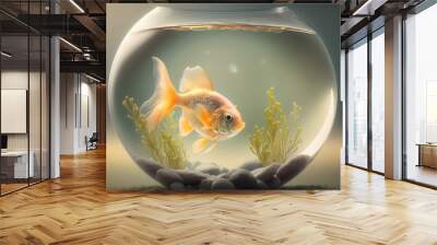 Goldfish in a round aquarium with seaweed. 3d rendering Wall mural