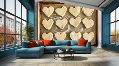 Heart-shaped portions of cookie dough on a baking sheet. Wall mural