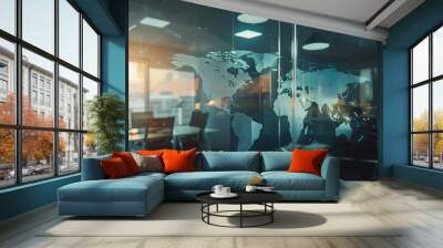 Multi exposure of abstract graphic world map hologram on a modern furnished office interior background connection and communication concept : Generative AI Wall mural