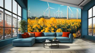 In picturesque German countryside, a stunning farm landscape unfolds, with vibrant yellow blossoms adorning fields, while elegant wind turbines stand tall, harnessing power of wind to generate clean,  Wall mural