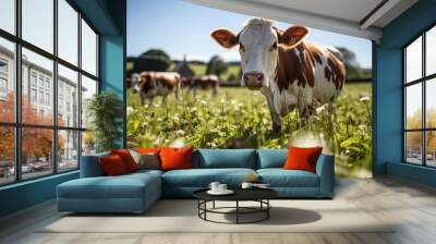 In this idyllic scene, contented cows graze peacefully in lush meadows, embodying timeless connection between nourishment and vitality in a harmonious dance of nature  Wall mural