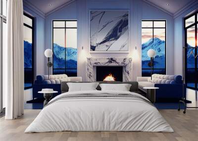 Luxurious Living Room with Fireplace & White Marble Overlooking Mountains - Generative Ai Wall mural