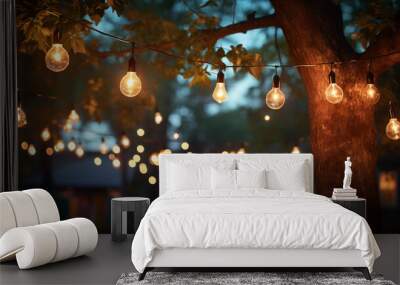 Outdoor string lights hanging on a line on outside house in backyard. Garden decoration. Party camping Wall mural