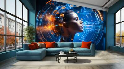 Portrait of a woman with virtual reality projections of digital icons around her face, artificial intelligence technology concept Wall mural