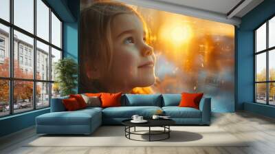 Lifestyle photography of a family with a 6 year old daughter reading a book. Daylight, winter landscape outside the window. Wall mural