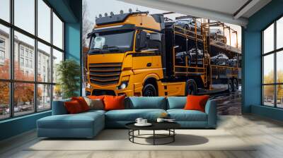 Logistics import export and cargo transportation industry, container truck, car carrier truck on a highway, shipment business, Automotive cargo transportation, delivery truck, hipping truck express. Wall mural