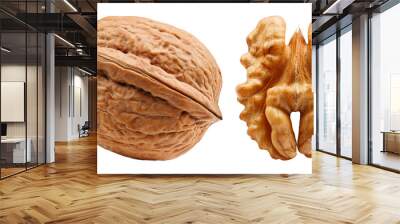 Isolated walnut nut on a white background, highlighting its unique shape and rich brown color Wall mural