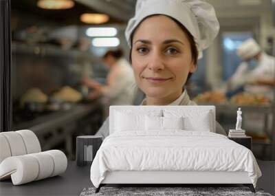 Middle aged Caucasian female chef in toque with arms crossed wears apron standing in restaurant kitchen and smiling, sharp focus, eyes against camera, high light on face. Wall mural