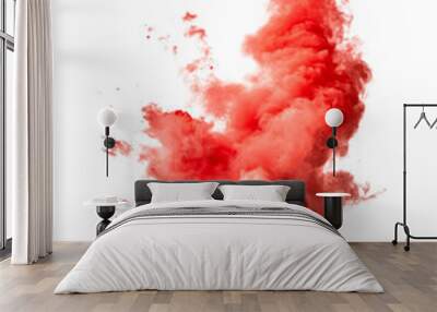 Explosion of red powder, red dust splashing with smoke on transparent background Wall mural