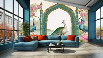 New landscape illustration field and forest on Animal, brids etc with painting background Wall mural