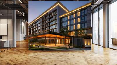 Modern hotel facade illuminated at dusk with warm lighting, landscaping, and clear skies, suitable for business travel and tourism concepts Wall mural