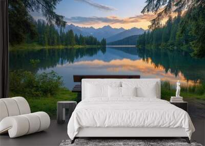 A tranquil scene featuring a wooden bench overlooking a pristine mountain lake at dusk, with a backdrop of majestic peaks and a reflection of the vibrant sky in the water, symbolizing peace, nature, s Wall mural