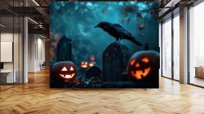 Dark and spooky graveyard scene with raven on Halloween night Wall mural