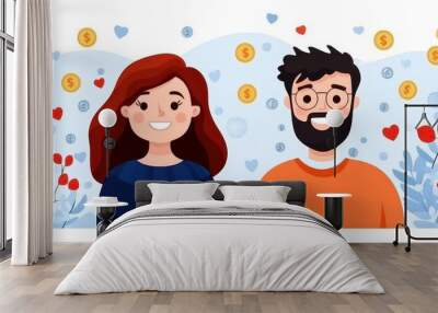 A cheerful couple surrounded by whimsical elements, symbolizing love, happiness, and financial success. Wall mural