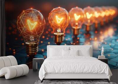 A glowing light bulb with abstract lines representing ideas, multiple bulbs showing various thoughts, a single bulb illuminating in a dark room Wall mural