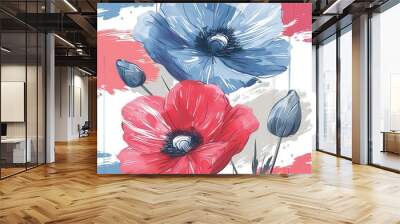 Beautiful digital illustration of red and blue flowers in artistic style, perfect for home decor and prints. Wall mural