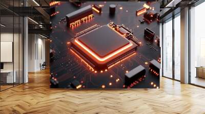 Close-up of a glowing microchip on a circuit board, showcasing intricate technology and digital design. Wall mural