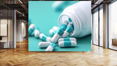 Close-up of spilled capsules on a teal background, highlighting pharmaceutical products and medication for health care concepts. Wall mural