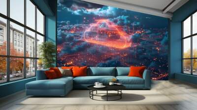 Cloud computing revolution, glowing cloud icon, data waves, night view, epicenter of technology Wall mural