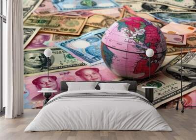 Digital collage of various currencies flowing into a futuristic globe representing global trade Wall mural