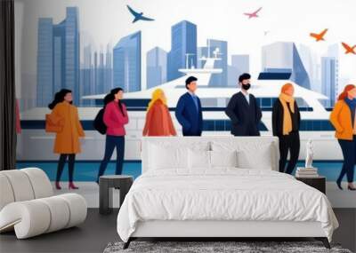 Diverse group of people by water with skyline. Wall mural