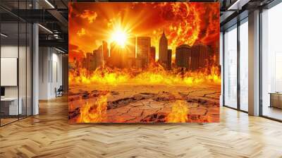 Dramatic fiery apocalypse scene with burning city and intense sun, portraying end-of-world scenery with flames and destruction. Wall mural