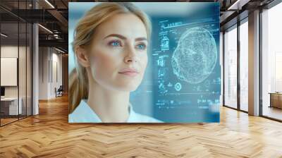 Woman analyzing digital brain scan technology Wall mural