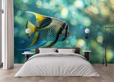 A majestic angelfish swimming gracefully in crystal-clear water, its intricate patterns highlighted against a solid emerald green background. Wall mural