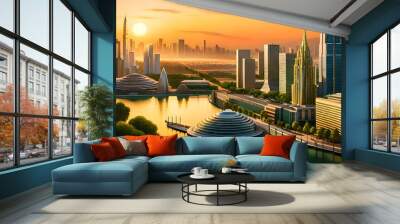 Beautiful futuristic city, golden sunset, green trees Wall mural