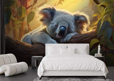 Residing high among the eucalyptus branches, a koala luxuriates in a tranquil nap. His snout turns upward in an endearing smile, almost as if enjoying a pleasant dream. Wall mural