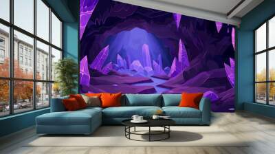 A dark cave with purple crystals, game background, Illustration Wall mural