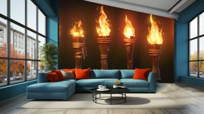 Set of Burning fire on old torch isolation, Illustration  Wall mural