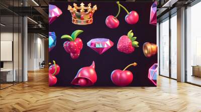 Set of slot game icon with colorful on dark background, Illustration Wall mural