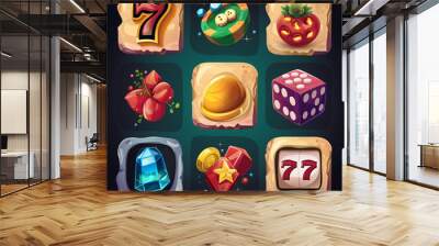 The Asset of casino icons and slot game designs, video game, Illustration Wall mural