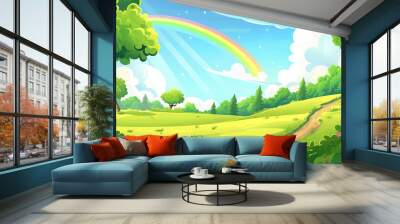 The Cartoon summer forest and rainbow on horizon, game background, Illustration Wall mural