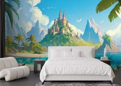 The Cartoon tropical island with fantasy castle, game background, Illustration Wall mural