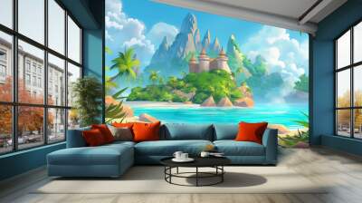 The Cartoon tropical island with fantasy castle, game background, Illustration Wall mural