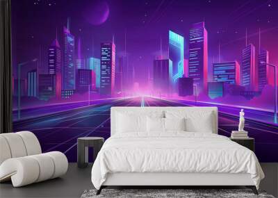 The empty highway and glowing skyline, game background, Illustration Wall mural