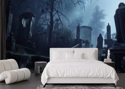 The Gothic scenery with old statue, game background, Illustration Wall mural