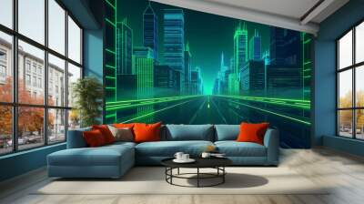 The Night city street with road and green neon, game background, Illustration Wall mural