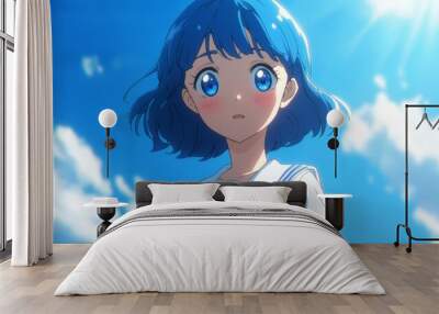  a girl with short blue hair wearing a white school uniform, standing in the sky and looking back at the viewer Wall mural