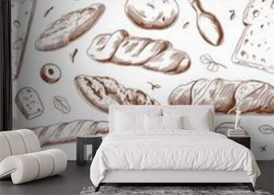  Various Breads and Pastries, Including Baguettes, Croissants, and Sourdough Loaves Wall mural