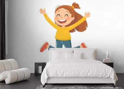 A cartoon girl jumping with joy in a clip art style, illustrated with simple lines against a white background Wall mural