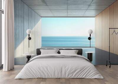 A modern minimalist interior featuring large windows that offer an expansive view of the ocean. The room showcases concrete floors and wooden panels on one wall, creating a serene atmosphere. Wall mural