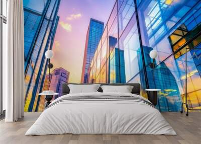 A stunning cityscape showcasing skyscrapers reflecting in glass windows, highlighting urban architecture and corporate office buildings during dusk Wall mural