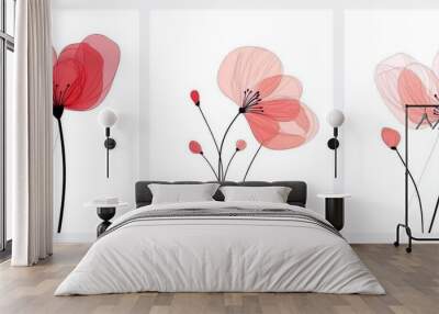 Abstract Floral Art Featuring Pink and Red Flowers on a White Background. Minimalist Vector Illustration with Simple Lines and Shapes, Presented as a Triptych. Wall mural