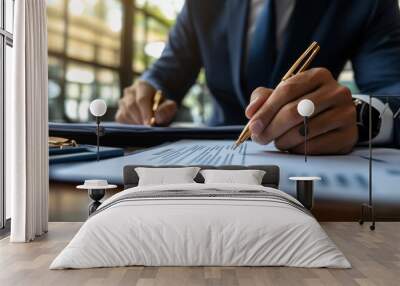 Close-up of a confident businessman signing a contract, with financial documents blurred in the background.  price guarantees and business security, capturing the essence of professionalism and trust  Wall mural