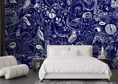 dark blue and white line drawing, repeating pattern of doodles   Wall mural